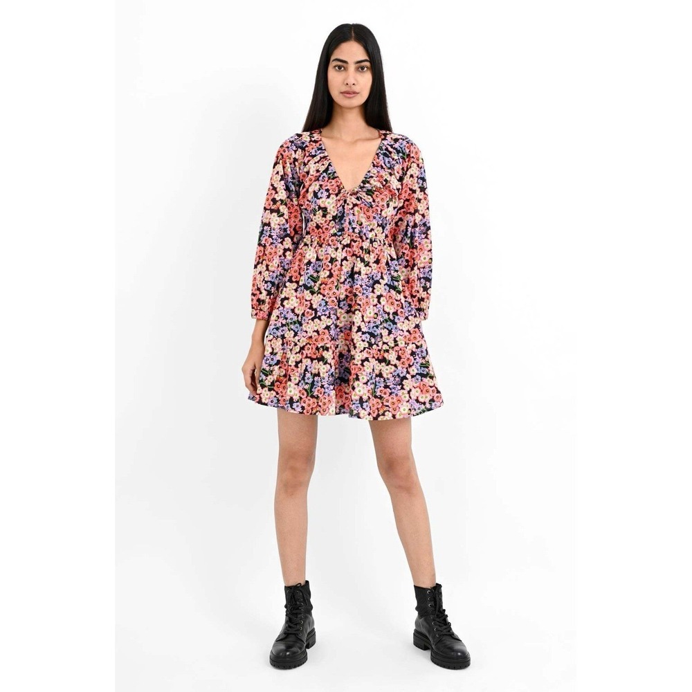 NWT Banjanan Black Monarch Macaw Mini Floral Fall 100% Cotton Dress Pink XS‎